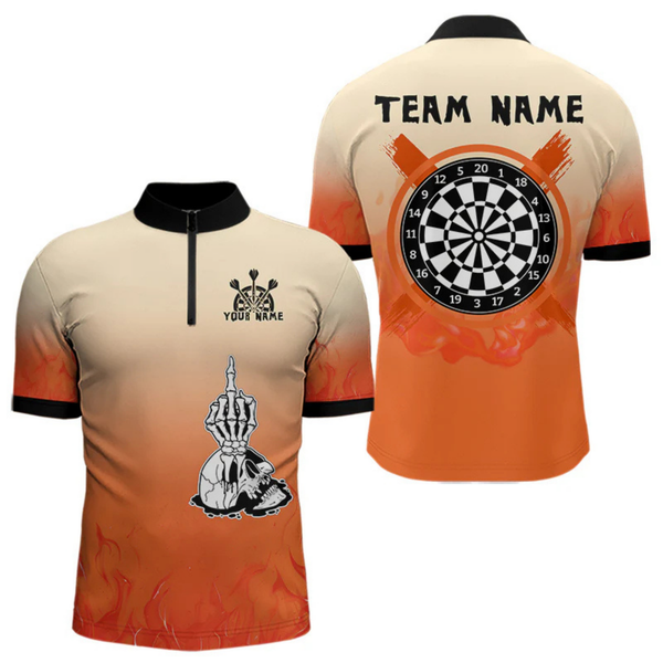 Maxcorners Men's Custom Dart Shirt With Skeleton Middle Finger Skull And Fiery Orange LM1605