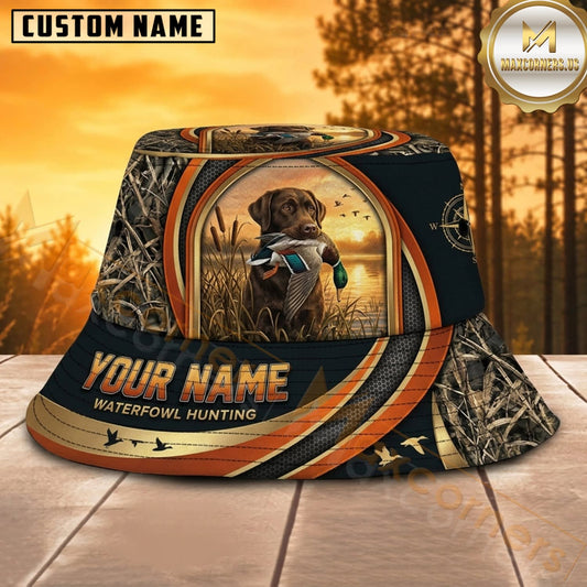 Maxcorners Waterfowl Hunting Labrador Black Orange Badge Personalized Name 3D Bucket Hat