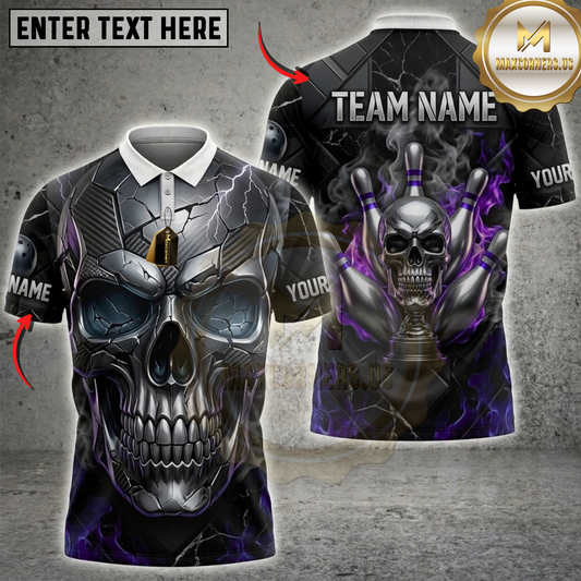 Maxcorners Bowling Blue Eyed Metallic Skull Mechanical Dartboard Multicolor Customized Name, Team Name 3D Shirts ( 4 Colors )