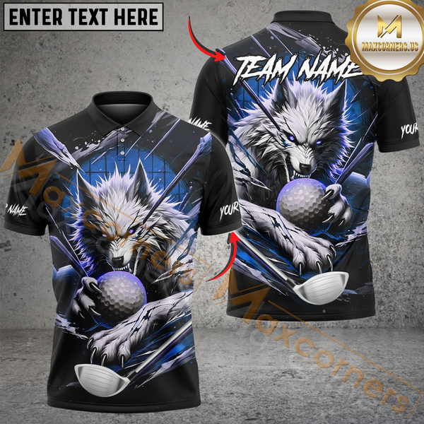 Maxcorners Savage Wolf Golf Polo Shirt, Customized Name & Team Name 3D Shirts (4 Colors)