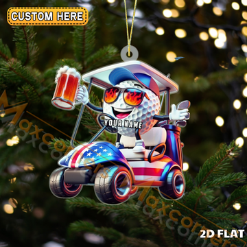 Maxcorners Golf Cart Riding Golf Ball Character Beer Mug Flaming Shades Personalized Name Christmas Ornament 2D Flat