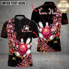 Maxcorners Bowling Butterfly Floral Strike Multicolor Customized Name, Team Name 3D Polo Shirt