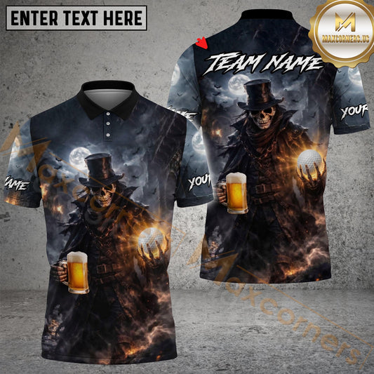 Maxcorners Golf Beer Dark Gentleman Skull Personalized Name, Team Name 3D Shirt (6 Colors)