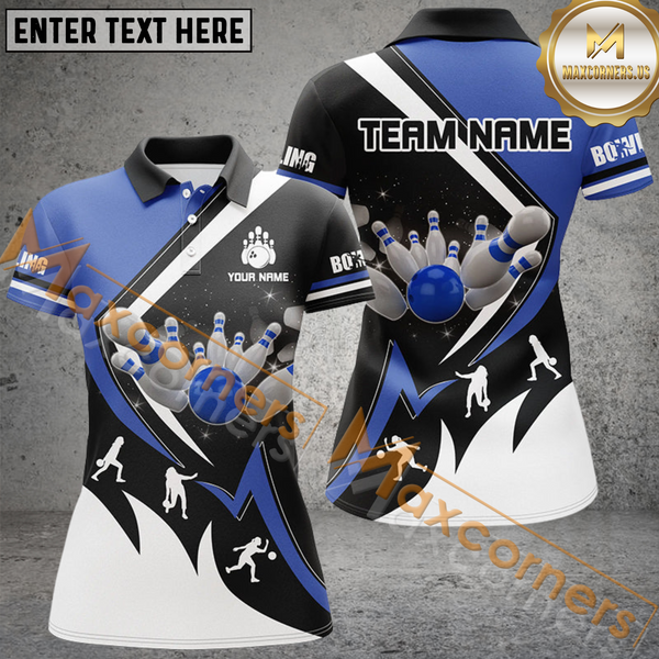 Maxcorners Black, White And Blue Bowling Jersey Customized Name 3D Shirt