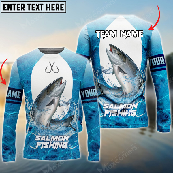 Maxcorners Salmon Fishing Blue Wave Personalized Name, Team Name 3D Long Sleeve Shirt