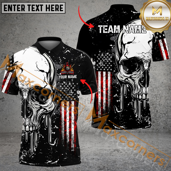 Maxcorners Skull American Flag Billiard Jersey Customized Name, Team Name 3D Polo Shirt