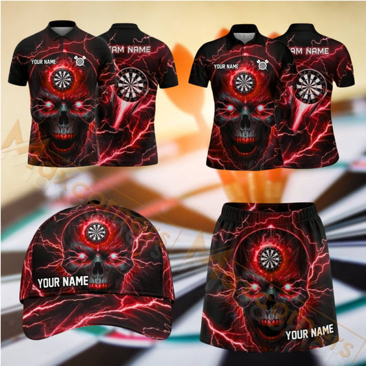 Maxcorners Darts Skull Dartboard Lightning Design Personalized Team Sportswear Set - Polo Shirt, Cap & Skorts
