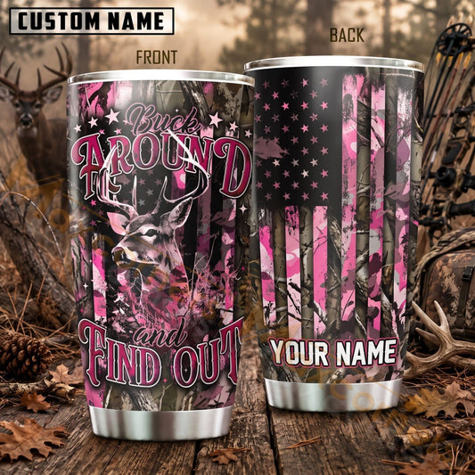 Maxcorners Hunting Pink Camo Deer US Flag Personalized Name 3D Tumbler