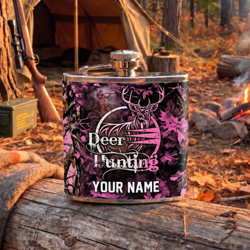 Maxcorners Hunting Pink Deer Hunting Camouflage Design Personalized Name 3D Hip Flask