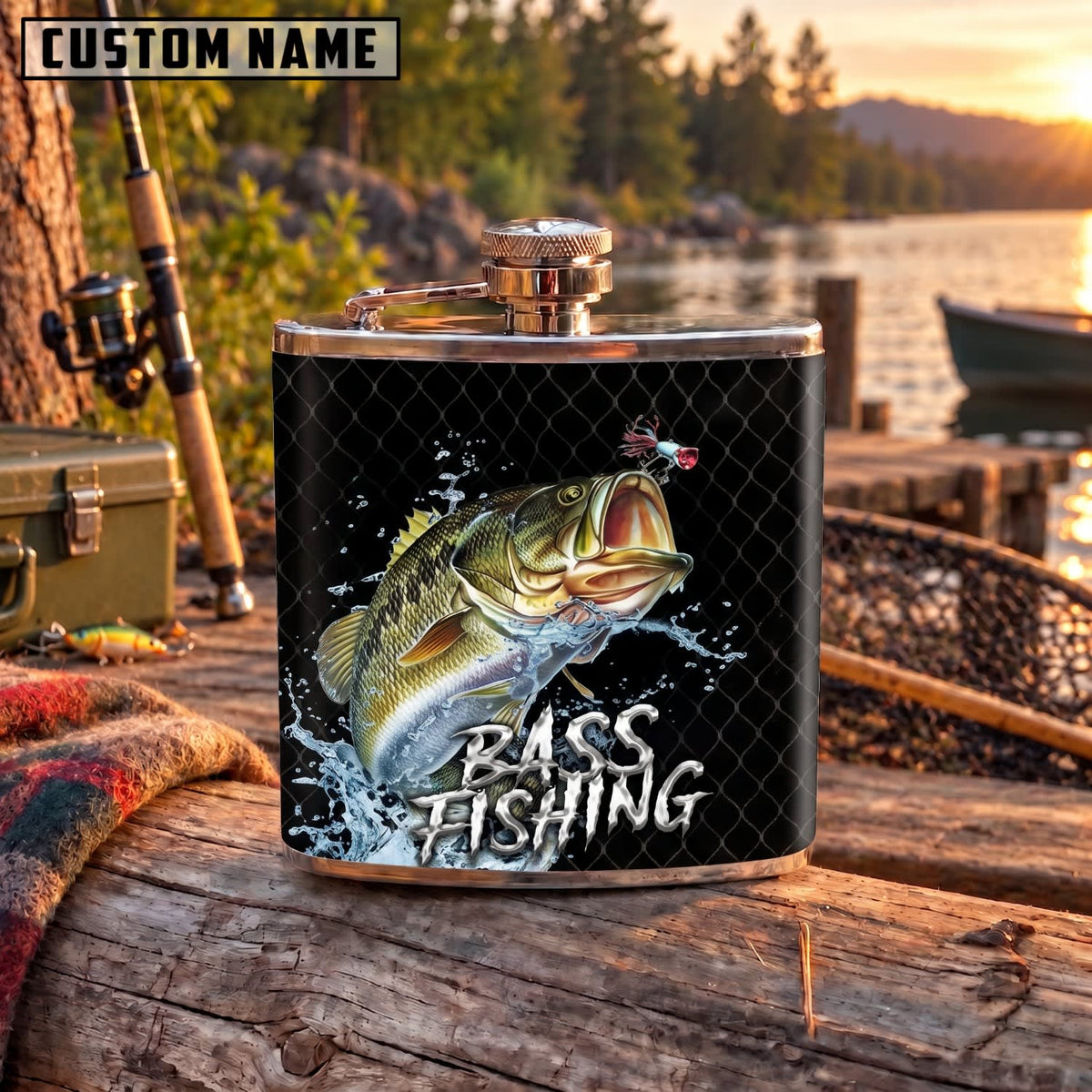 Maxcorners Fishing Largemouth Bass Black Carbon Fiber Personalized Name 3D Hip Flask
