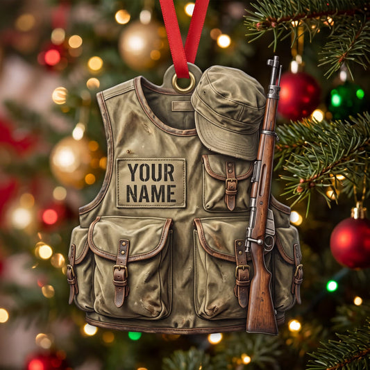 Maxcorners Hunting Vintage Field Vest And Rifle Personalized Name 3D Keychain And Ornament