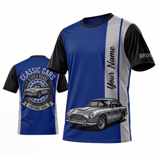 Maxcorners Personalized Car Classic Muscle Car 3D T-Shirt – Royal Blue Silver Classic Car and Vintage Road Spirit
