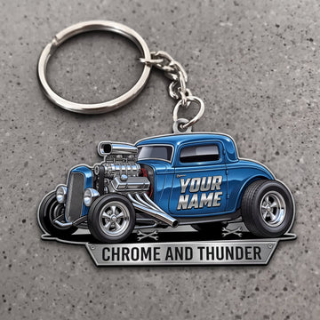 Maxcorners Hot Rod Blue Classic Coupe with Chrome and Thunder Banner Personalized Name 3D Keychain And Ornament