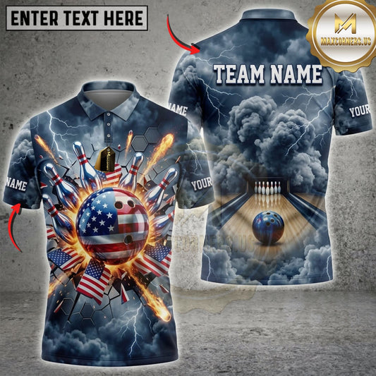 Maxcorners Bowling American Flag Flaming Bowling Ball And Lightning Personalized Name 3D Unisex Shirt