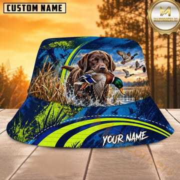 Maxcorners Duck Hunting Labrador Blue Green Marsh Personalized Name 3D Bucket Hat