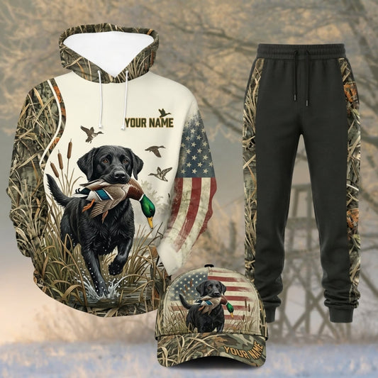 Maxcorners Duck Hunting Black Labrador American Flag White Camo Personalized 3D Shirts