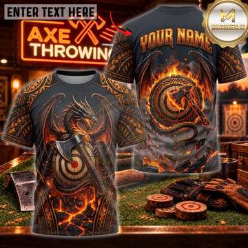Maxcorners Axe Throwing Molten Lava Fire Skull Personalized Name 3D Unisex Shirt