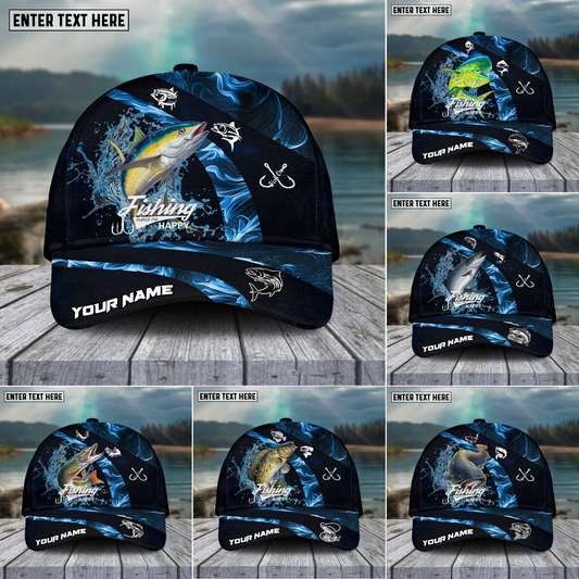 Maxcorners Fishing Blue Smoke Sport Pattern Personalized Name 3D Cap (11 Breeds)