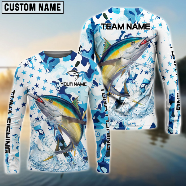 Maxcorners Tuna Fishing Blue White American Flag Personalized Name, Team Name 3D Shirt