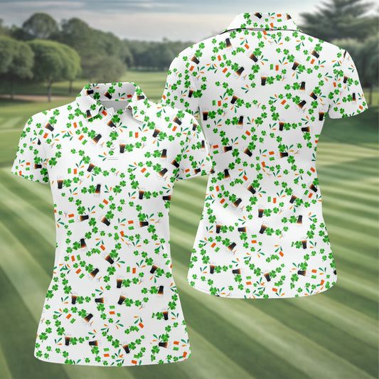 Maxcorners Dark Stout Beer St Patrick's Day Shamrocks White Golf Shirt, Women's Golf Tops, Ladies Golf Shirt