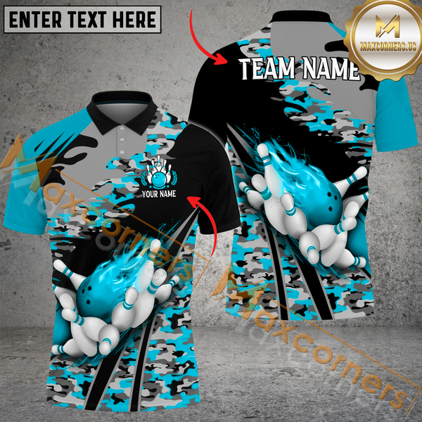 Maxcorners Bowling Ball & Pins Run Way Multicolor Option Customized Name, Team Name 3D Polo Shirt