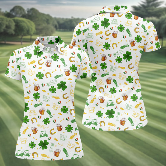 Maxcorners St Patrick's Day Beer Golden Horseshoes Shamrock Golf Shirt, Women's Golf Tops, Ladies Golf Polos