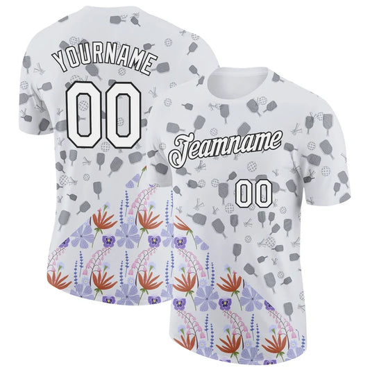 Maxcorners Pickleball Paddle Ball White Purple Floral Split Pattern Personalized Name 3D Unisex Shirt