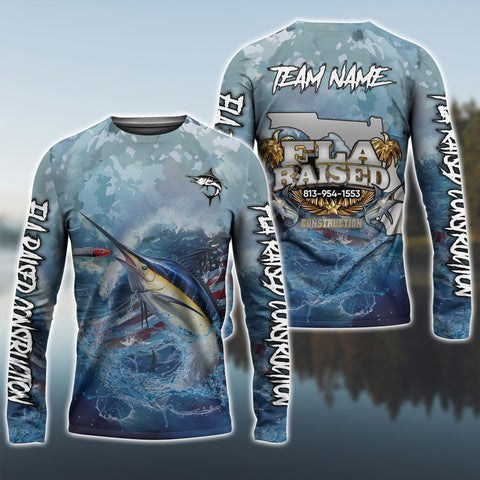 Maxcorners Marlin Fishing USA Flag Blue Seawave Pattern Sport Custom Name & Team Name 3D Shirts For Ed