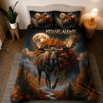 Maxcorners Wild Moose Autumn Forest Orange Black Bedding Set 3D Print Custom Name