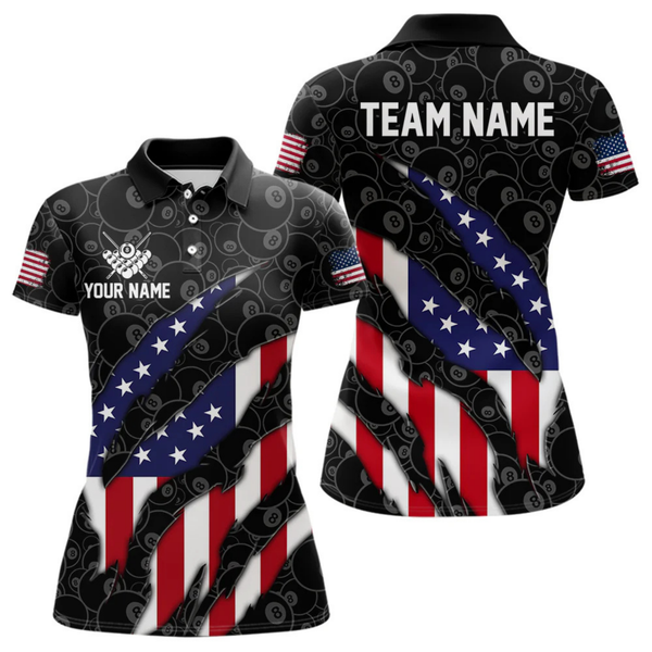 Maxcorners Personalized American Flag Billiard Shirts For Men, Patriotic 8 Ball Pool Team Jersey | Black LM1805