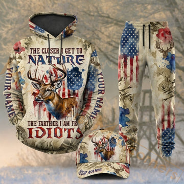 Maxcorners Hunting Closer To Nature Patriotic Deer American Flag Camo Personalized 3D Combo Hoodie, Sweatpants Set & Cap