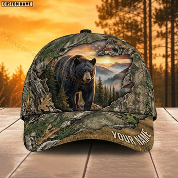Maxcorners Bear Hunting Forest Black Bear Personalized Name 3D Cap