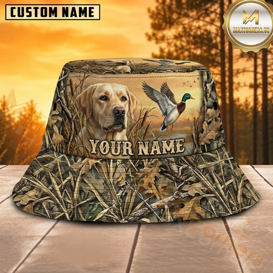 Maxcorners Duck Hunting Labrador Golden Grass Camo Personalized Name 3D Bucket Hat