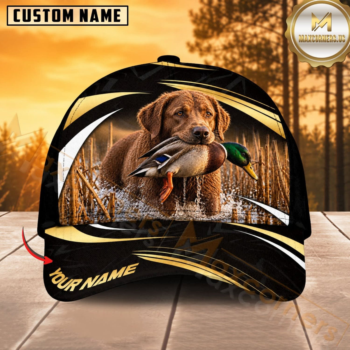 Maxcorners Dog Hunting And Duck Black Gold Wave Wetland Personalized Name 3D Cap