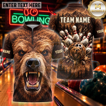 Maxcorners Bowling Roaring Bear Mascot Wooden Pins Design Customized Name, Team Name 3D Shirts