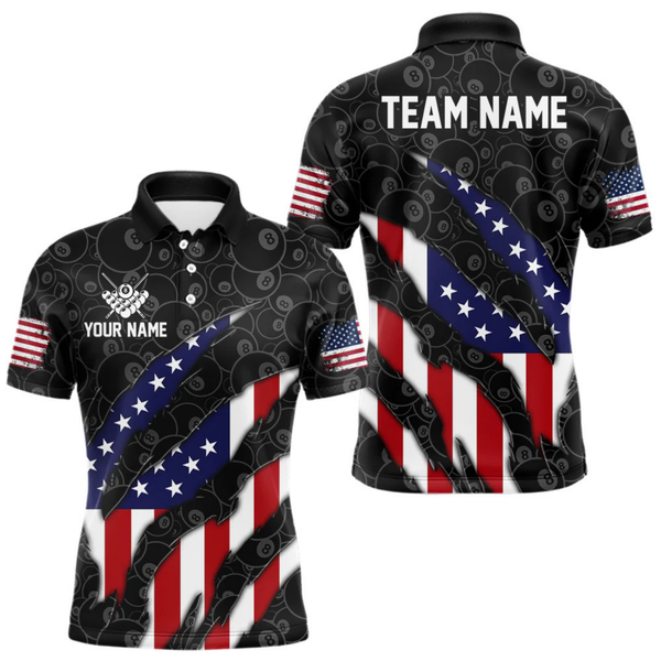 Maxcorners Personalized American Flag Billiard Shirts For Men, Patriotic 8 Ball Pool Team Jersey | Black LM1805