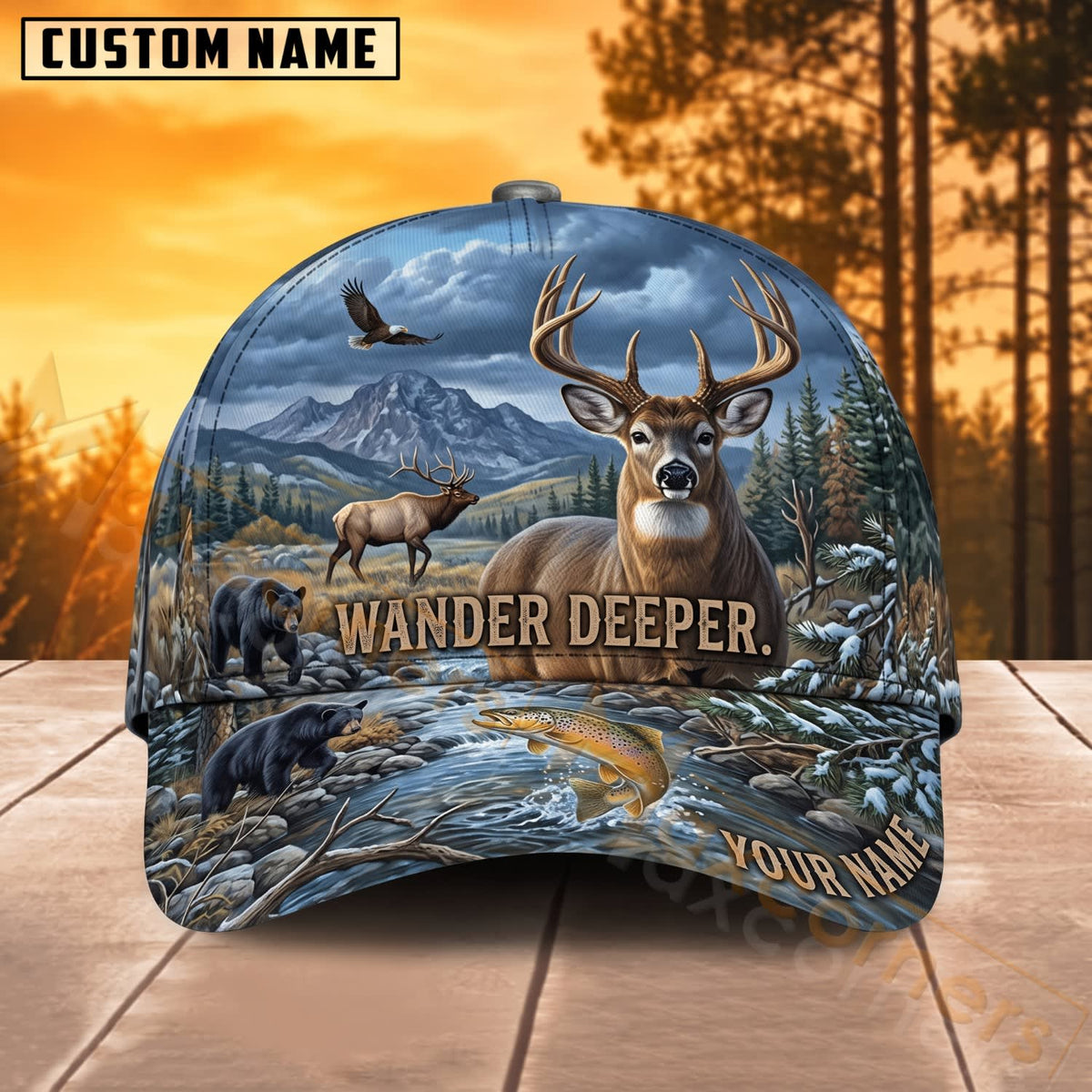 Maxcorners Deer Hunting Wander Deeper Deer Scenic Personalized Name 3D Cap