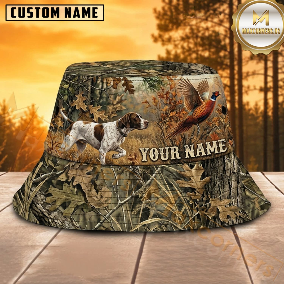 Maxcorners Hunting Dog Rustic Grassland Camo Personalized Name 3D Bucket Hat