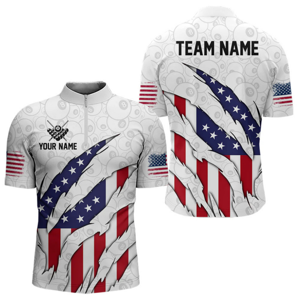 Maxcorners Personalized American Flag Billiard Shirts For Men, Patriotic 8 Ball Pool Team Jersey | White LM1805
