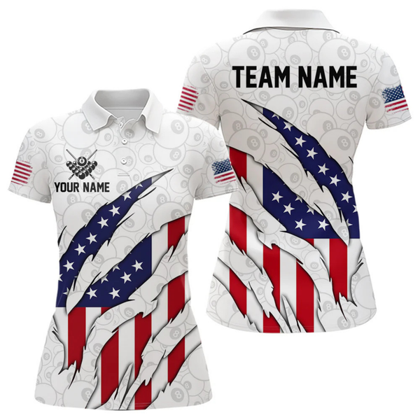 Maxcorners Personalized American Flag Billiard Shirts For Men, Patriotic 8 Ball Pool Team Jersey | White LM1805