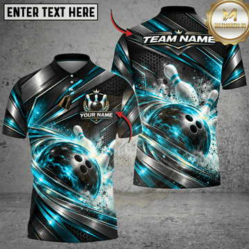 Maxcorners Bowling Bowling Ball & Metallic Motion Stripe Graphic Multicolor Customized Name, Team Name 3D Shirts