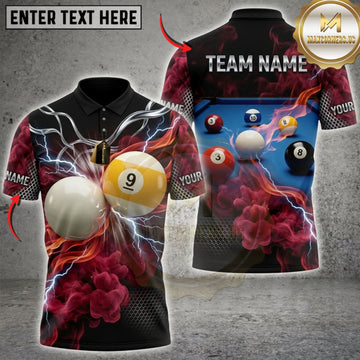 Maxcorners Billiards Black And Red Smoke Golden 9 Ball Personalized Name 3D Unisex Shirt
