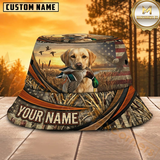 Maxcorners Duck Hunting Labrador Vintage Sunset Stripe Personalized Name 3D Bucket Hat
