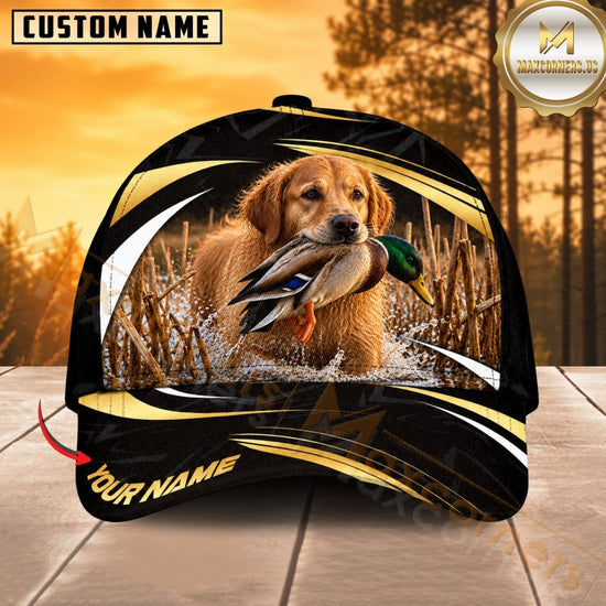 Maxcorners Dog Hunting And Duck Black Gold Wave Wetland Personalized Name 3D Cap