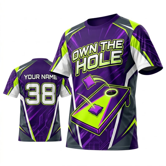 Maxcorners Cornhole Own The Hole Neon Green Purple Personalized Name 3D Unisex Shirt