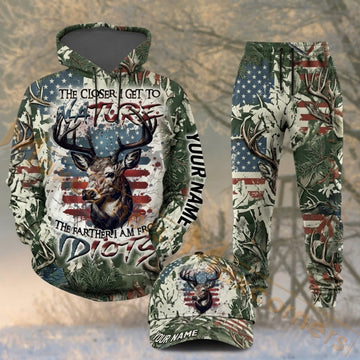 Maxcorners Hunting Patriotic Deer Antlers American Flag Woodland Camo Personalized 3D Combo Hoodie, Sweatpants Set & Cap