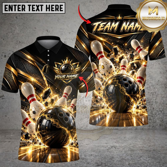 Maxcorners Bowling Golden Energy Rays Explosive Strike Ball Pins Shattered Graphic Multicolor Customized Name, Team Name 3D Shirts