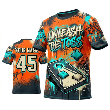 Maxcorners Cornhole Unleash The Toss Teal Orange Personalized Name 3D Unisex Shirt