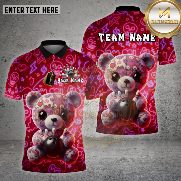Maxcorners Bowling Cute Teddy Bear Neon Graffiti Style Multi Options Personalized Name Team Name 3D Shirt