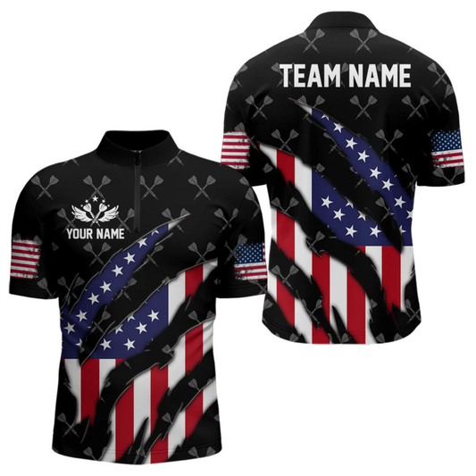 Maxcorners Personalized American Flag Patriotic Dart Shirts For Men – Darts Team Jerseys Polo & 1/4 Zip|Black  LM1805